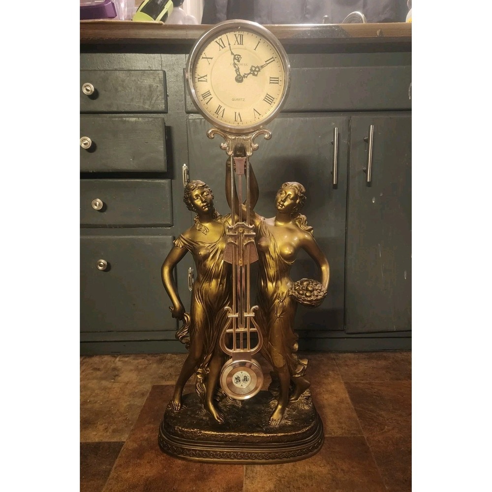Vintage Art Nouveau Bronzed Gold Double Goddess Tall Swinging Pendulum Clock HTF